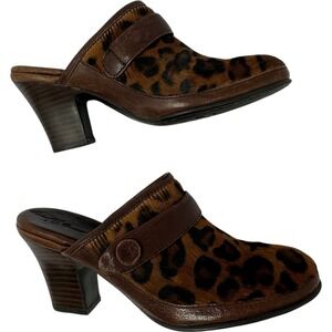 Born Concepts Heeled Mules 7/38 Leather Pony Hair-On Leopard Cowgirl Ranchcore